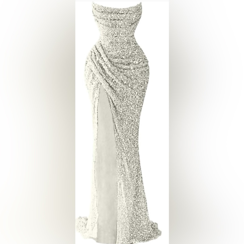 Mermaid sparkly white sequins long strapless gown.